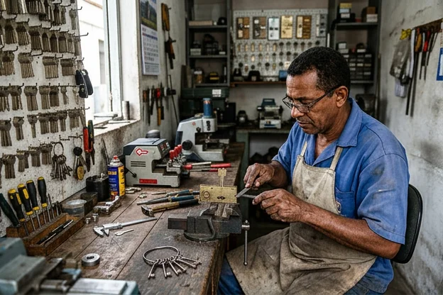 Chaveiro fazendo manutenção em fechaduras em Itabaiana/SE.