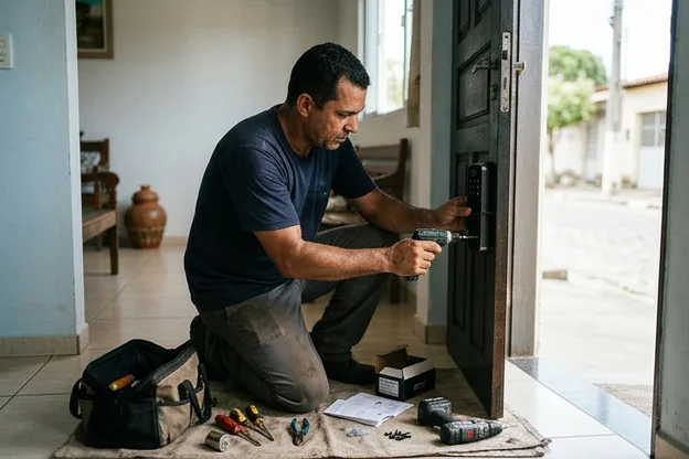 Chaveiro instalando fechadura digital em residências em Itabaiana.